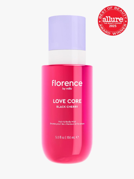 Love Core Hair and Body Mist in branded clear bottle with purple cap on light gray background with red Allure Best of Beauty seal in the top right corner